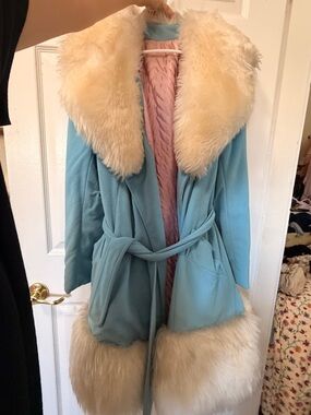 70s vintage penny lane style coat, blue with pink interior and pockets